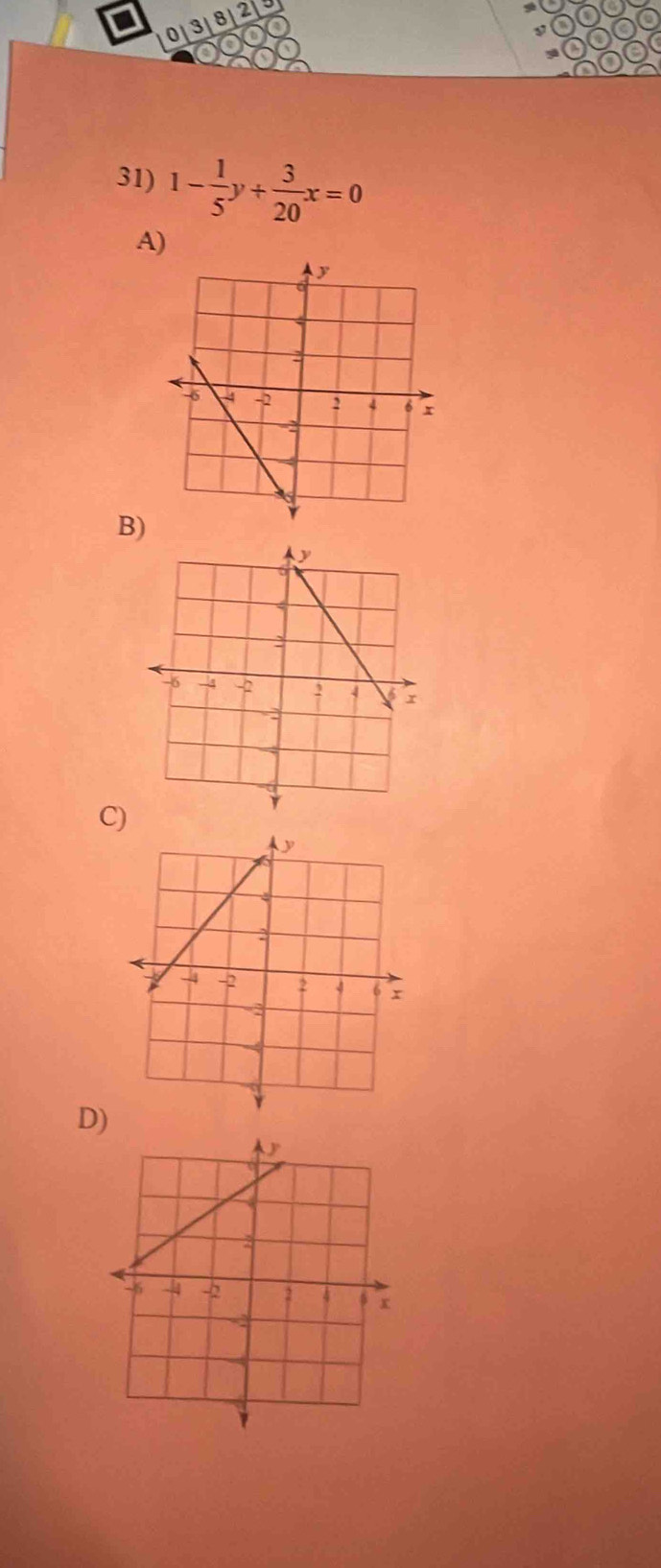 0| 3/ 8 
31) 1- 1/5 y+ 3/20 x=0
A) 
B) 
C) 
D)