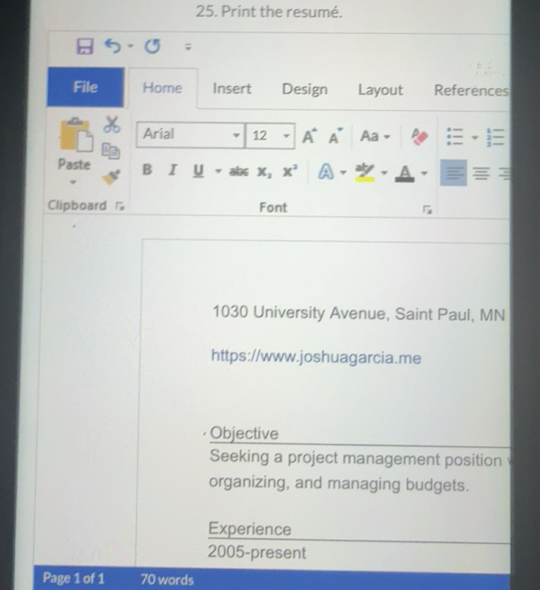 Solved: Print the resumé. File Home Insert Design Layout References ...