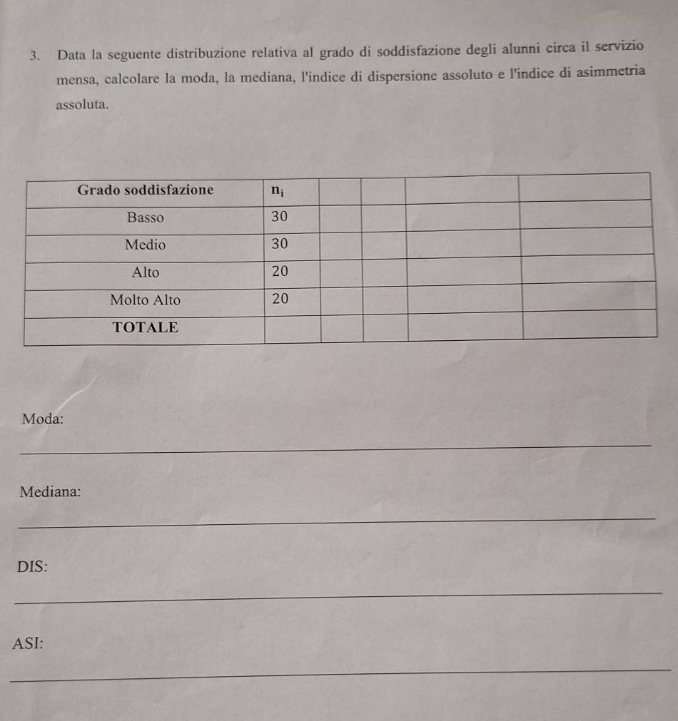 Data la seguente distribuzione relativa al grado di soddisfazione degli alunni circa il servizio
mensa, calcolare la moda, la mediana, l'indice di dispersione assoluto e l'indice di asimmetria
assoluta.
Moda:
_
Mediana:
_
DIS:
_
ASI:
_