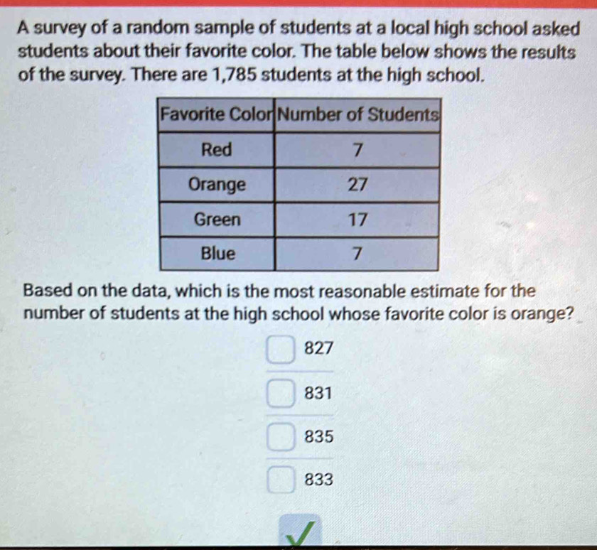 A survey of a random sample of students at a local high school asked 
students about their favorite color. The table below shows the results 
of the survey. There are 1,785 students at the high school. 
Based on the data, which is the most reasonable estimate for the 
number of students at the high school whose favorite color is orange? 
beginarrayr □ BZ □ BX □ BX hline endarray □ 83□ BSendarray