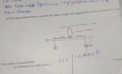 (iii)The figure below shows a uniform bar which weighs 16N supported by a spring balance at its cer 
If the system is at equilibrium (3 Marks 
(a) Determine the value of force X