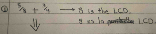 ① 5/_8+^3/_4
8 is the LCD.
8 es la LCD.