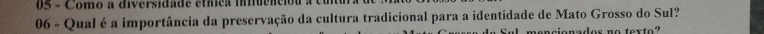 Como a diversidade etíica inuencióu 
06 - Qual é a importância da preservação da cultura tradicional para a identidade de Mato Grosso do Sul? 
e n o dos no texto?