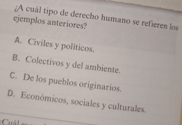 ¿A cuál tipo de derecho humano se refieren los
ejemplos anteriores?
A. Civiles y políticos.
B. Colectivos y del ambiente.
C. De los pueblos originarios.
D. Económicos, sociales y culturales.
:Cuál