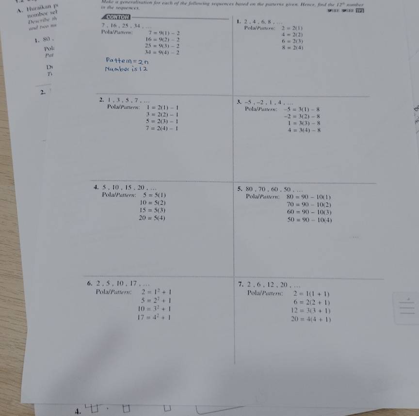 Make a generalisation for each of the following sequences based on the patterns given. Hence, find the 12°
A. Huraikan p in the sequences. numbes
nombor set
w overline HA
Describe th
CONTOH 
and two no 
1. 80。
Pol
Pat
D
2.
4.