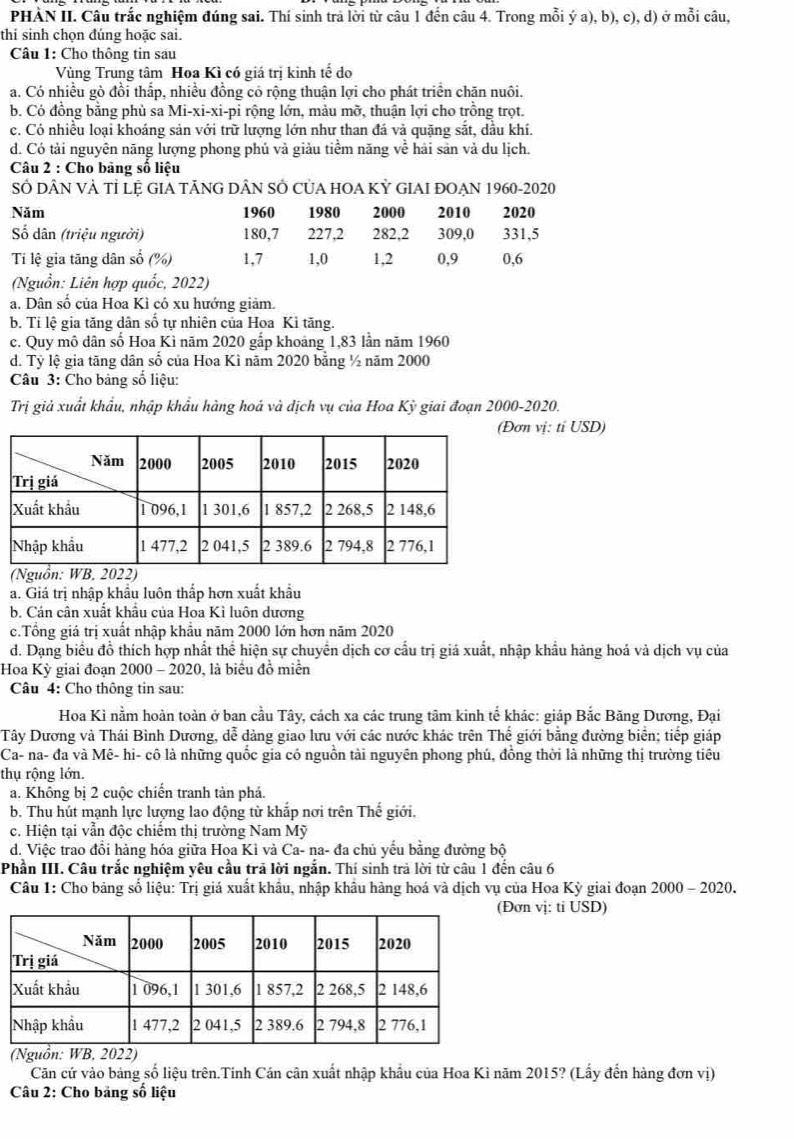 PHÀN II. Câu trắc nghiệm đúng sai. Thí sinh trả lời từ câu 1 đến câu 4. Trong mỗi ý a), b), c), d) ở mỗi câu,
thí sinh chọn đúng hoặc sai.
Câu 1: Cho thông tin sau
Vùng Trung tâm Hoa Kì có giá trị kinh tế do
a. Có nhiều gò đồi thấp, nhiều đồng có rộng thuận lợi cho phát triển chăn nuôi.
b. Có đồng bằng phủ sa Mi-xi-xi-pi rộng lớn, màu mỡ, thuận lợi cho trồng trọt.
c. Có nhiều loại khoáng sản với trữ lượng lớn như than đá và quặng sắt, dầu khí.
d. Có tải nguyên năng lượng phong phủ và giảu tiềm năng về hải sản và du lịch.
Câu 2 : Cho bảng số liệu
SÔ DÂN VÀ Tỉ LỆ GIA TÃNG DÂN SÔ CủA HOA KỲ GIAI ĐOẠN 1960-2020
Năm 1960 1980 2000 2010 2020
Số dân (triệu người) 180,7 227,2 282,2 309,0 331,5
Ti lệ gia tăng dân số (%) 1,7 1,0 1,2 0.9 0,6
(Nguồn: Liên hợp quốc, 2022)
a. Dân số của Hoa Kì có xu hướng giảm.
b. Tỉ lệ gia tăng dân số tự nhiên của Hoa Kỉ tăng.
c. Quy mô dân số Hoa Kì năm 2020 gắp khoảng 1,83 lần năm 1960
d. Tỷ lệ gia tăng dân số của Hoa Kì năm 2020 bằng ½ năm 2000
Câu 3: Cho bảng số liệu:
Trị giả xuất khẩu, nhập khẩu hàng hoá và dịch vụ của Hoa Kỳ giai đoạn 2000-2020.
n vị: tỉ USD)
(Ng
a. Giá trị nhập khẩu luôn thắp hơn xuất khẩu
b. Cán cân xuất khẩu của Hoa Kì luôn dương
c.Tổng giá trị xuất nhập khẩu năm 2000 lớn hơn năm 2020
d. Dạng biểu đồ thích hợp nhất thể hiện sự chuyển dịch cơ cấu trị giá xuất, nhập khẩu hàng hoá và dịch vụ của
Hoa Kỳ giai đoạn 2000 - 2020, là biểu đồ miền
Câu 4: Cho thông tin sau:
Hoa Kì nằm hoàn toàn ở ban cầu Tây, cách xa các trung tâm kinh tế khác: giáp Bắc Băng Dương, Đại
Tây Dương và Thái Bình Dương, dễ dàng giao lưu với các nước khác trên Thế giới bằng đường biển; tiếp giáp
Ca- na- đa và Mê- hi- cô là những quốc gia có nguồn tài nguyên phong phú, đồng thời là những thị trường tiêu
thụ rộng lớn.
a. Không bị 2 cuộc chiến tranh tản phá.
b. Thu hút mạnh lực lượng lao động từ khắp nơi trên Thế giới.
c. Hiện tại vẫn độc chiếm thị trường Nam Mỹ
d. Việc trao đổi hàng hóa giữa Hoa Ki và Ca- na- đa chủ yếu bằng đường bộ
Phần III. Câu trắc nghiệm yêu cầu trã lời ngắn. Thí sinh trả lời từ câu 1 đến câu 6
Câu 1: Cho bảng số liệu: Trị giá xuất khẩu, nhập khẩu hàng hoá và dịch vụ của Hoa Kỳ giai đoạn 2000 - 2020.
ơn vị: ti USD)
(Nguồn: WB, 2022)
Căn cứ vào bảng số liệu trên.Tính Cán cân xuất nhập khẩu của Hoa Kì năm 2015? (Lấy đến hàng đơn vị)
Câu 2: Cho bảng số liệu