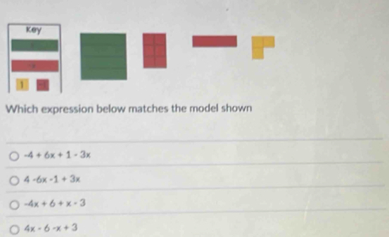 Key
1
Which expression below matches the model shown
-4+6x+1-3x
4-6x-1+3x
-4x+6+x-3
4x-6-x+3