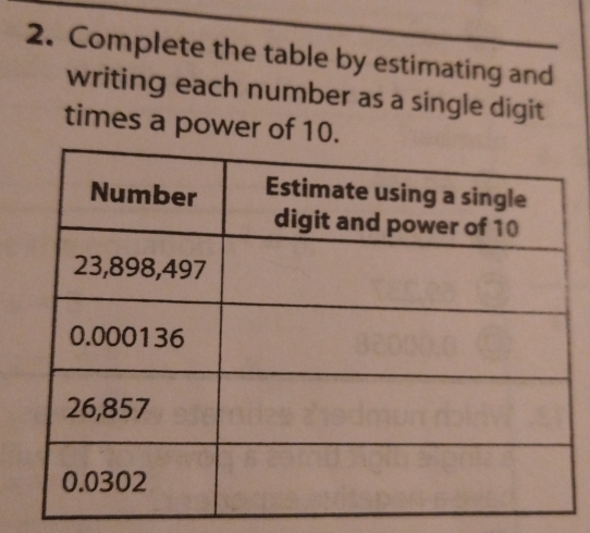 Complete the table by estimating and
writing each number as a single digit
times a power of 10.