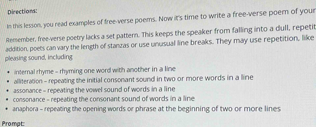 Solved: Directions: In this lesson, you read examples of free-verse ...