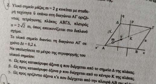 Υλικό σημείο μάζας m=2g κινείται με σταθε-
ρή ταχότητα υ επάνω στη διαγώνιο ΑΓ οριζό-
γτιας τετράγωνης πλάκας ΑΒΓΔ, πλευράς
a=2sqrt(2)m , όπως απεικονίζεται στο διπλανό
σχήμα,
Το υλικό σημείο διανύει τη διαγώνιο ΑΓ σε
χρóvo △ t=0,2s.
Να υπολογίσετε το μέτροοο της στροφορμής του
υλκού σημείου:
αα Ορςαπροςα κατακόρυνφοο άξοναα ηαπουαοδιέρχοεταιααπόοτοοσημείοοδοτηοςοακλάακας
β. Νςα προος κατακόρυρφο άξονα ρ που διέρχεται από το κέντρο Κοτηςακλάκας
γο Κίςαπκροςαοριξόντιο άξονα κόχ που διέρχεται από τηνα πλευρά ΑΒ της τ