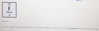 Zoam 
Use this image, showing fluorine from the periodic table, to work out how many protons an atom of fluorine has