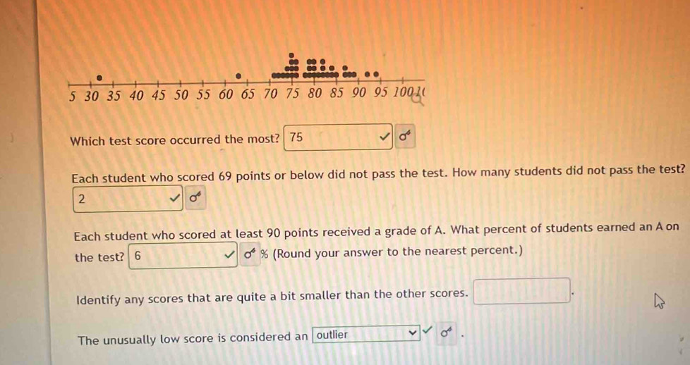 Which test score occurred the most? 75 sigma^6
Each student who scored 69 points or below did not pass the test. How many students did not pass the test?
2
sigma^6
Each student who scored at least 90 points received a grade of A. What percent of students earned an A on
the test? 6 sigma^6 % (Round your answer to the nearest percent.)
Identify any scores that are quite a bit smaller than the other scores.
The unusually low score is considered an outlier sigma^6