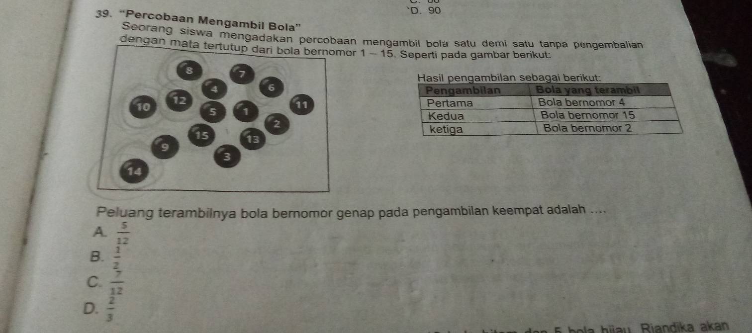 D、 90
39. “Percobaan Mengambil Bola”
Seorang siswa mengadakan percobaan mengambil bola satu demi satu tanpa pengembalian
dengan mata or 1 - 15. Seperti pada gambar berikut:
Peluang terambilnya bola bernomor genap pada pengambilan keempat adalah ....
A  5/12 
B.  1/2 
C.  7/12 
D.  2/3 
la hiau Riandika akan