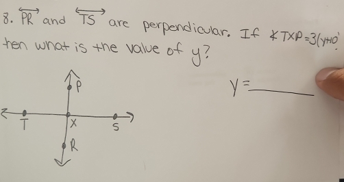 overleftrightarrow PR and overleftrightarrow TS are perpendicular. If ∠ TXP=3(y+10°
ten what is the value of y?
y=_ 