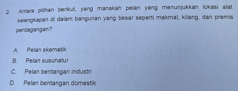 Antara pilihan berikut, yang manakah pelan yang menunjukkan lokasi alat
kelengkapan di dalam bangunan yang besar seperti makmal, kilang, dan premis
perdagangan?
A. Pelan skematik
B. Pelan susunatur
C. Pelan bentangan industri
D. Pelan bentangan domestik