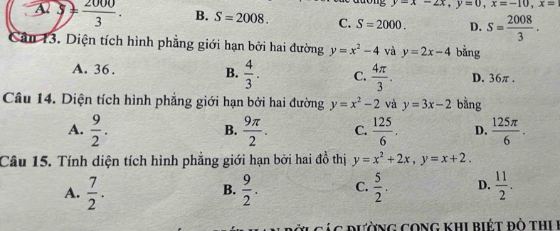 y=x-2x, y=0, x=-10, x=
A 5= 2000/3 . B. S=2008. C. S=2000. D. S= 2008/3 . 
Cân 13. Diện tích hình phẳng giới hạn bởi hai đường y=x^2-4 và y=2x-4 bằng
A. 36. B.  4/3 . C.  4π /3 . D. 36π.
Câu 14. Diện tích hình phẳng giới hạn bởi hai đường y=x^2-2 và y=3x-2 bằng
A.  9/2 .  9π /2 .  125/6 .  125π /6 . 
B.
C.
D.
Câu 15. Tính diện tích hình phẳng giới hạn bởi hai đồ thị y=x^2+2x, y=x+2.
C.
A.  7/2 .  9/2 .  5/2 . D.  11/2 . 
B.
T các đường cong khi biết đô thị I