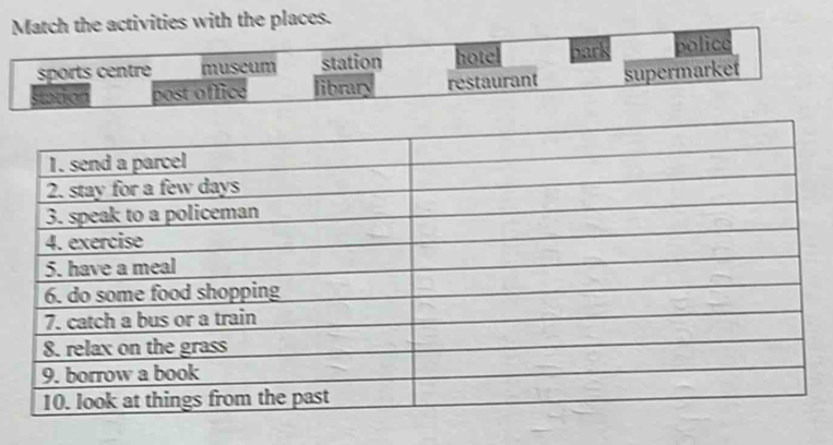 Match the activities with the places.
sports centre museum station hotel p ark police
Statón post office library restaurant supermarket