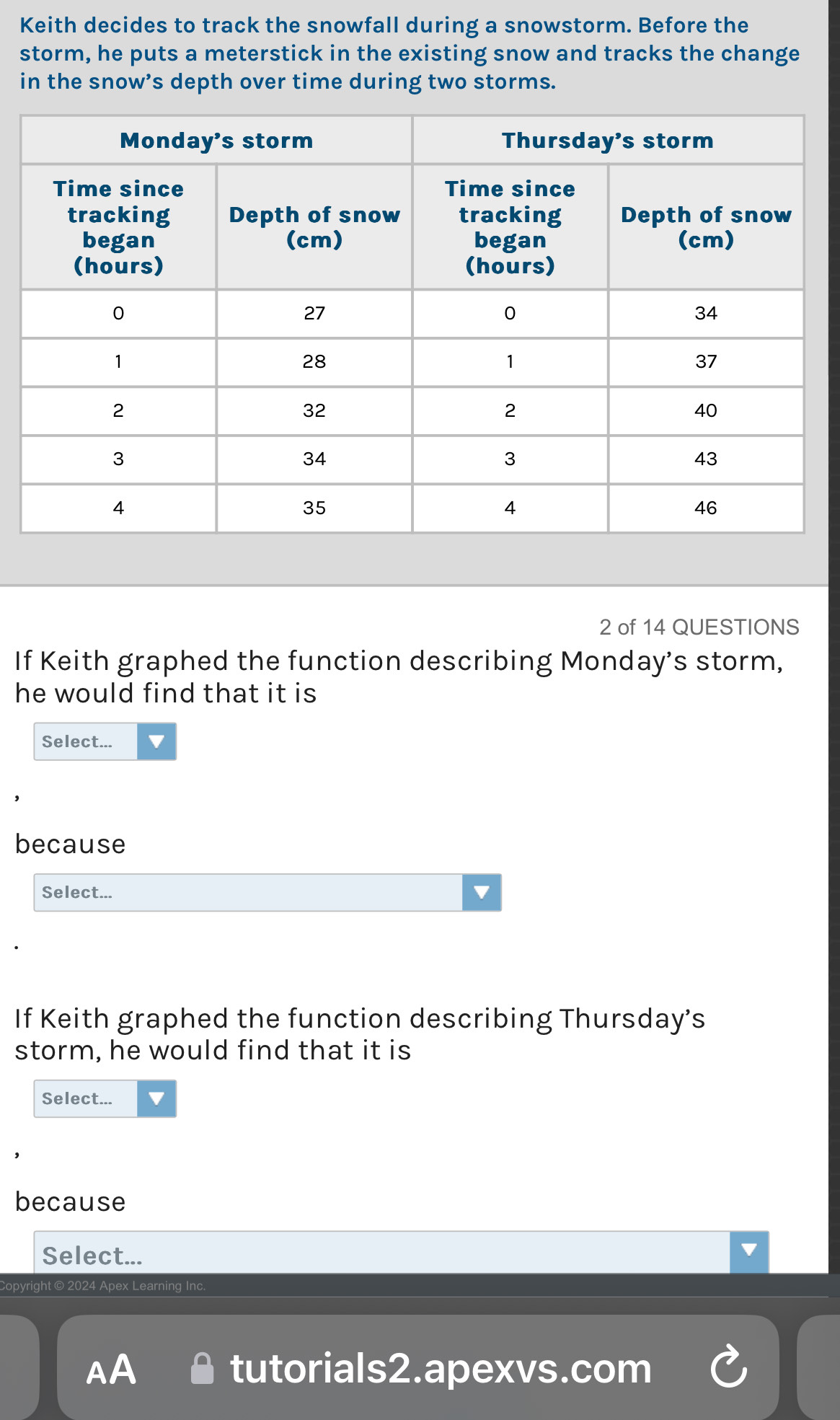 Keith decides to track the snowfall during a snowstorm. Before the 
storm, he puts a meterstick in the existing snow and tracks the change 
in the snow’s depth over time during two storms. 
2 of 14 QUESTIONS 
If Keith graphed the function describing Monday's storm, 
he would find that it is 
Select... 
because 
Select... 
If Keith graphed the function describing Thursday's 
storm, he would find that it is 
Select... 
because 
Select... 
Copyright © 2024 Apex Learning Inc. 
AA tutorials2.apexvs.com