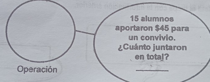 alumnos 
aportaron $45 para 
un convivio. 
¿Cuánto juntaron 
en total? 
Operación 
_