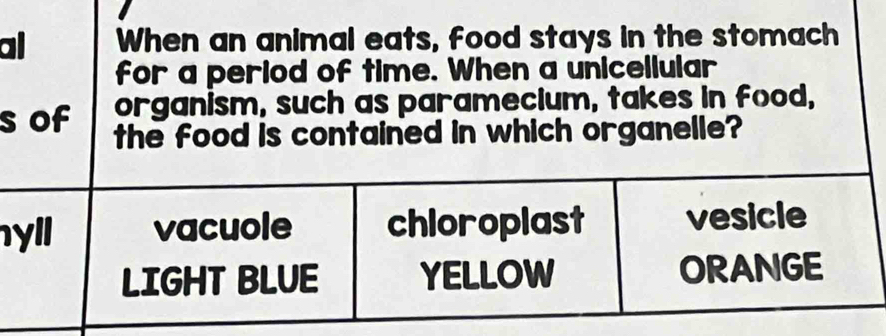 al When an animal eats, food stays in the stomach
for a period of time. When a unicellular
organism, such as paramecium, takes in food,
s of the food is contained in which organelle?
hyll vacuole chloroplast vesicle
LIGHT BLUE YELLOW ORANGE