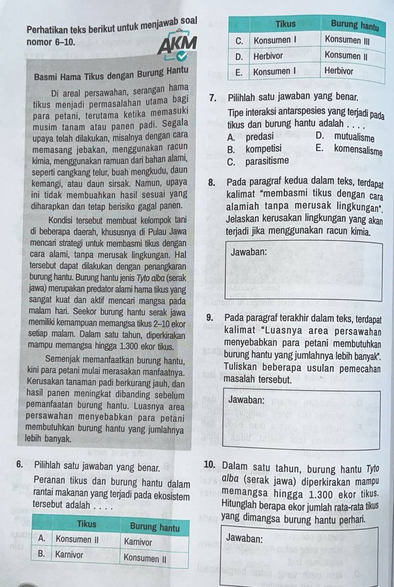 Perhatikan teks berikut untuk menjawab soal
nomor 6-10. ARM
   
Basmi Hama Tikus dengan Burung Hantu 
Di areal persawahan, serangan hama
tikus menjadi permasalahan utama bagi 7. Pilihlah satu jawaban yang benar.
para petani, terutama ketika memasuki Tipe interaksi antarspesies yang terjadi pada
musim tanam atau panen padi. Segala tikus dan burung hantu adalah_
upaya telah dilakukan, misalnya dengan cara A. predasi D. mutualisme
memasang jebakan, menggunakan racun B. kompetisi E. komensalisme
kimia, menggunakan ramuan dari bahan alami, C. parasitisme
seperti cangkang telur, buah mengkudu, daun
kemangi, atau daun sirsak. Namun, upaya 8. Pada paragraf kedua dalam teks, terdapat
ini tidak membuahkan hasil sesuai yang kalimat “membasmi tikus dengan cara
diharapkan dan tetap berisiko gagal panen. alamiah tanpa merusak lingkungan".
Kondisi tersebut membuat kelompok tani Jelaskan kerusakan lingkungan yang akan
di beberapa daerah, khususnya di Pulau Jawa terjadi jika menggunakan racun kimia.
mencari strategi untuk membasmi tikus dengan
cara alami, tanpa merusak lingkungan. Hal Jawaban:
tersebut dapat dilakukan dengan penangkaran
burung hantu. Burung hantu jenis Tyto alba (serak
jawa) merupakan predator alami hama tikus yang
sangat kuat dan aktif mencari mangsa pada
malam hari. Seekor burung hantu serak jawa
memiliki kemampuan memangsa tikus 2-10 ekor 9. Pada paragraf terakhir dalam teks, terdapat
setiap malam. Dalam satu tahun, diperkirakan kalimat “Luasnya area persawahan
mampu memangsa hingga 1.300 ekor tikus. menyebabkan para petani membutuhkan
burung hantu yang jumlahnya lebih banyak".
Semenjak memanfaatkan burung hantu,
kini para petani mulai merasakan manfaatnya. Tuliskan beberapa usulan pemecahan
Kerusakan tanaman padi berkurang jauh, dan masalah tersebut.
hasil panen meningkat dibanding sebelum Jawaban:
pemanfaatan burung hantu. Luasnya area
persawahan menyebabkan para petani
membutuhkan burung hantu yang jumlahnya
lebih banyak.
6. Pilihlah satu jawaban yang benar. 10. Dalam satu tahun, burung hantu Tyto
Peranan tikus dan burung hantu dalam alba (serak jawa) diperkirakan mampu
rantai makanan yang terjadi pada ekosistem memangsa hingga 1.300 ekor tikus.
tersebut adalah . . . . Hitunglah berapa ekor jumlah rata-rata tikus
yang dimangsa burung hantu perhari.
Jawaban: