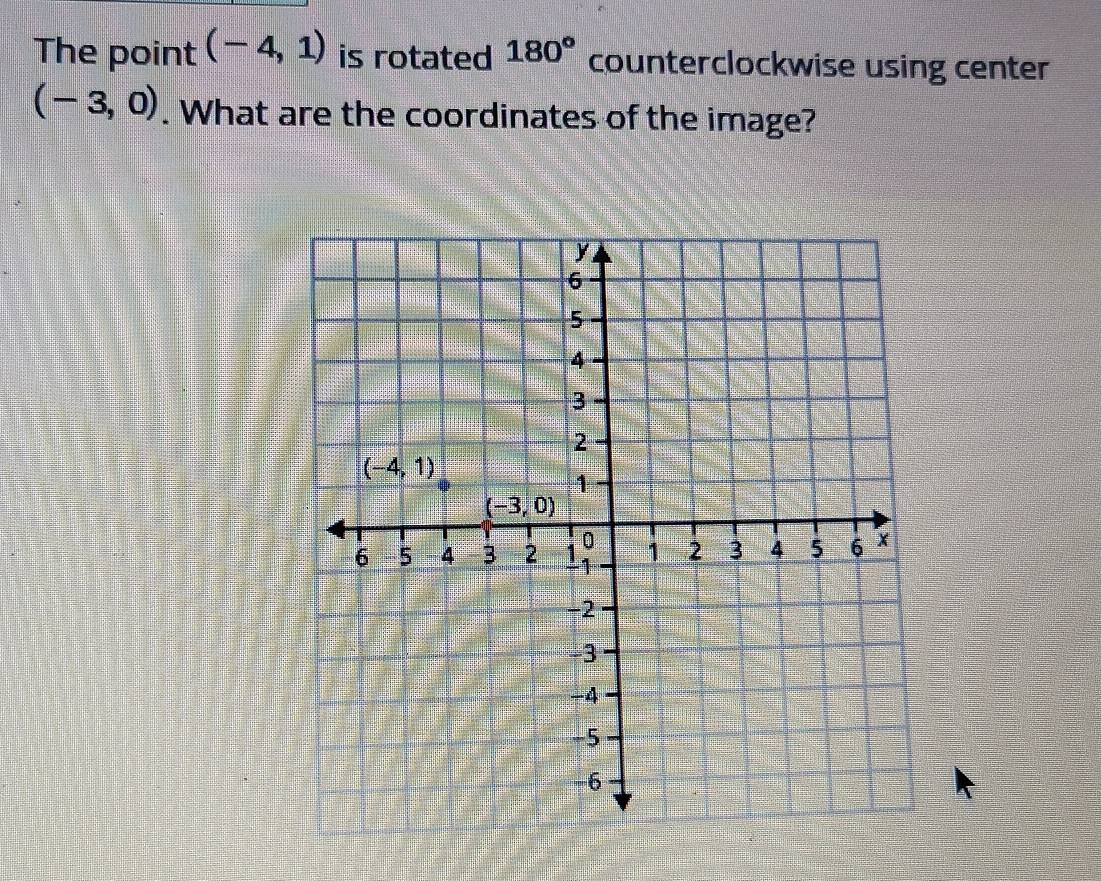 Solved: The point (-4,1) is rotated 180° counterclockwise using center ...