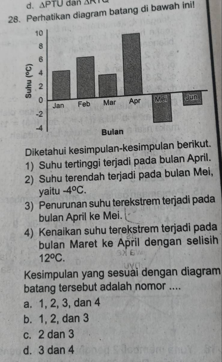 △ PTU dan △ RIG
28. Perhatikan diagram batang di bawah ini!
Diketahui kesimpulan-kesimpulan berikut.
1) Suhu tertinggi terjadi pada bulan April.
2) Suhu terendah terjadi pada bulan Mei,
yaitu -4°C. 
3) Penurunan suhu terekstrem terjadi pada
bulan April ke Mei.
4) Kenaikan suhu terekstrem terjadi pada
bulan Maret ke April dengan selisih
12^oC. 
Kesimpulan yang sesuai dengan diagram
batang tersebut adalah nomor ....
a. 1, 2, 3, dan 4
b. 1, 2, dan 3
c. 2 dan 3
d. 3 dan 4