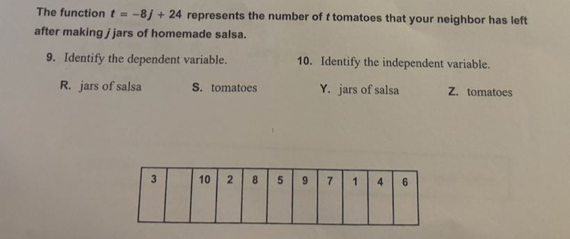 The function t=-8j+24 represents the number of t tomatoes that your neighbor has left
after making j jars of homemade salsa.
9. Identify the dependent variable. 10. Identify the independent variable.
R. jars of salsa S. tomatoes Y. jars of salsa Z. tomatoes