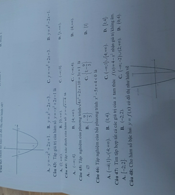 Cầu 42: Hàm số nào có đô thị như hình overline voverline  , B. Hình 2.
A. y=-x^2+2x+1. B. y=x^2-2x-3. C. y=-x^2+2x-3. D. y=x^2-2x-1.
Câu 43: Tập giá trị của hàm số y=-x^2+2x-1 là
A. (1;+∈fty ). B. [0;+∈fty ). C. (-∈fty ;0]. D. [1;+∈fty ).
Câu 44: Tập xác định của hàm số y=sqrt(x-4)la
A. (-∈fty ;4]. B. [4;+∈fty ). C. (-∈fty ;4). D. (4;+∈fty ).
Câu 45: Tập nghiệm của phương trình sqrt(4x^2+2x+10)=3x+11a
A.
B.  - 9/5   1;- 9/5 
C.
D.  1
Câu 46: Tập nghiệm của bất phương trình x^2-5x+4<0</tex> là
C.
A. (-∈fty ;1)∪ (4;+∈fty ). B. (1;4). (-∈fty ;1]∪ [4;+∈fty ). D. [1;4].
Câu 47: Tìm tập hợp tất cả các giá trị của x tam thức f(x)=4-x^2 nhận giá trị không âm.
A. [-2;2].
B. (-2;2).
C. (-∈fty ;-2)∪ (2;+∈fty ). D. (0;4).
Câu 48: Cho hàm số bậc hai y=f(x) có đồ thị như hình vẽ