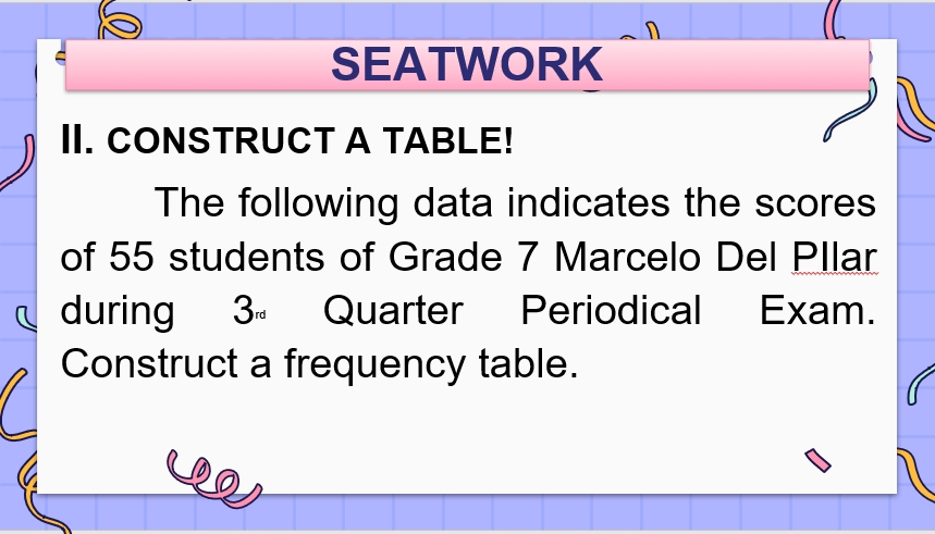 SEATWORK 
II. CONSTRUCT A TABLE! 
The following data indicates the scores 
of 55 students of Grade 7 Marcelo Del Pllar 
during 3 Quarter Periodical Exam. 
Construct a frequency table.