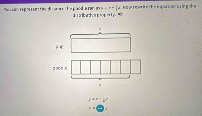 You can represent the distance the poodle ran as y=x+ 1/6 x. Now rewrite the equation using the
distributive property.
x
pug
y=x+ 1/6 x
y=·s x