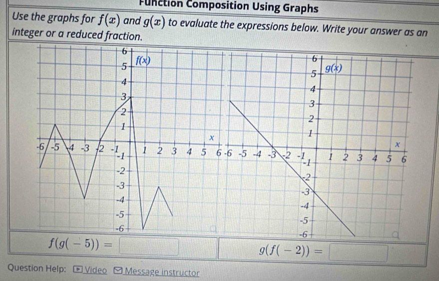 Function Composition Using Graphs
Use the graphs for f(x) and g(x) to evaluate the expressions below. Write your answer as an
integer or a reduced fraction.
f(g(-5))= □
g(f(-2))= frac 2y_0= □ /□   □
Question Help: * Video Message instructor