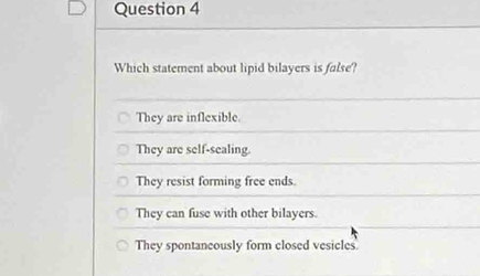 Which statement about lipid bilayers is false?
They are inflexible.
They are self-sealing.
They resist forming free ends.
They can fuse with other bilayers.
They spontancously form closed vesicles