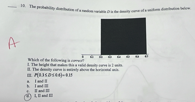 The probability distribution of a random variable D is the density curve of a uniform distribution below.
Which of the following is correct?
I. The height that makes this a valid density curve is 2 units.
II. The density curve is entirely above the horizontal axis.
III. P(0.3≤ D≤ 0.6)=0.15
a. I and I
b. I and II
c. II and III
d. I, II and III