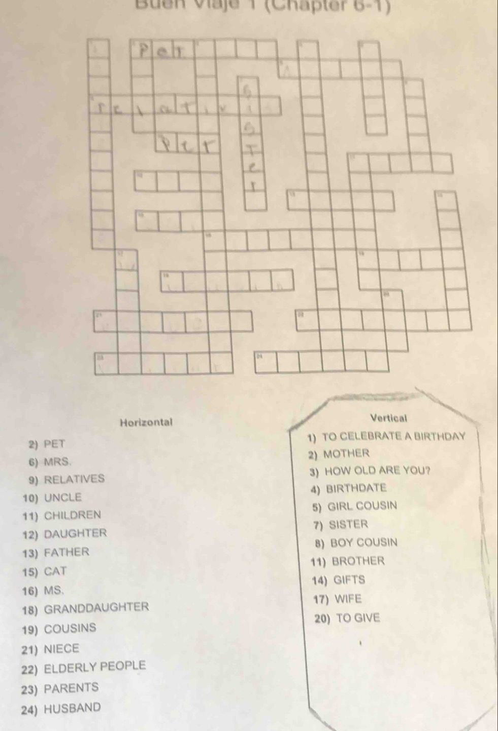 Buen Viaje 1 (Chapter 6-1) 
Horizontal Vertical 
2) PET 1 TO CELEBRATE A BIRTHDAY 
6) MRS. 2) MOTHER 
9) RELATIVES 3) HOW OLD ARE YOU? 
10) UNCLE 4) BIRTHDATE 
11) CHILDREN 5) GIRL COUSIN 
12) DAUGHTER 7) SISTER 
8)BOY COUSIN 
13) FATHER 
11) BROTHER 
15) CAT 
16) MS. 14) GIFTS 
18) GRANDDAUGHTER 17) WIFE 
20) TO GIVE 
19) COUSINS 
21) NIECE 
22) ELDERLY PEOPLE 
23) PARENTS 
24) HUSBAND