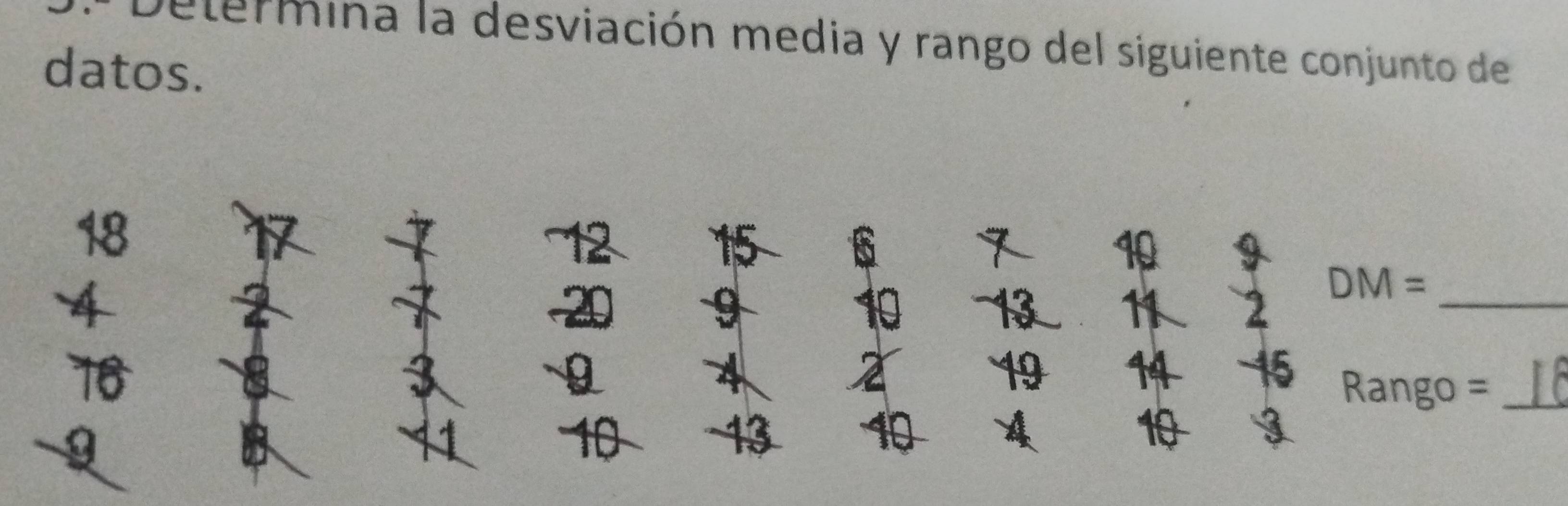 Determina la desviación media y rango del siguiente conjunto de 
datos.
10 9
a
11 2
DM =_ 
78
19
14 15 Rango =_
13
A
10