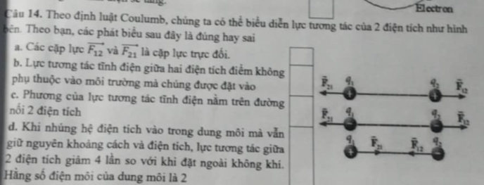 Electron
Câu 14. Theo định luật Coulumb, chúng ta có thể biểu diễn lực tương tác của 2 điện tích như hình
bên. Theo bạn, các phát biểu sau đây là đủng hay sai
a. Các cặp lực vector F_12 và vector F_21 là cặp lực trực đối.
b. Lực tương tác tĩnh điện giữa hai điện tích điểm không
phụ thuộc vào môi trường mà chúng được đặt vào
ce. Phương của lực tương tác tĩnh điện nằm trên đường
nổi 2 điện tích
d. Khi nhúng hệ điện tích vào trong dung môi mà vẫn
giữ nguyên khoảng cách và điện tích, lực tương tác giữa
2 điện tích giảm 4 lần so với khi đặt ngoài không khí.
Hằng số điện môi của dung môi là 2