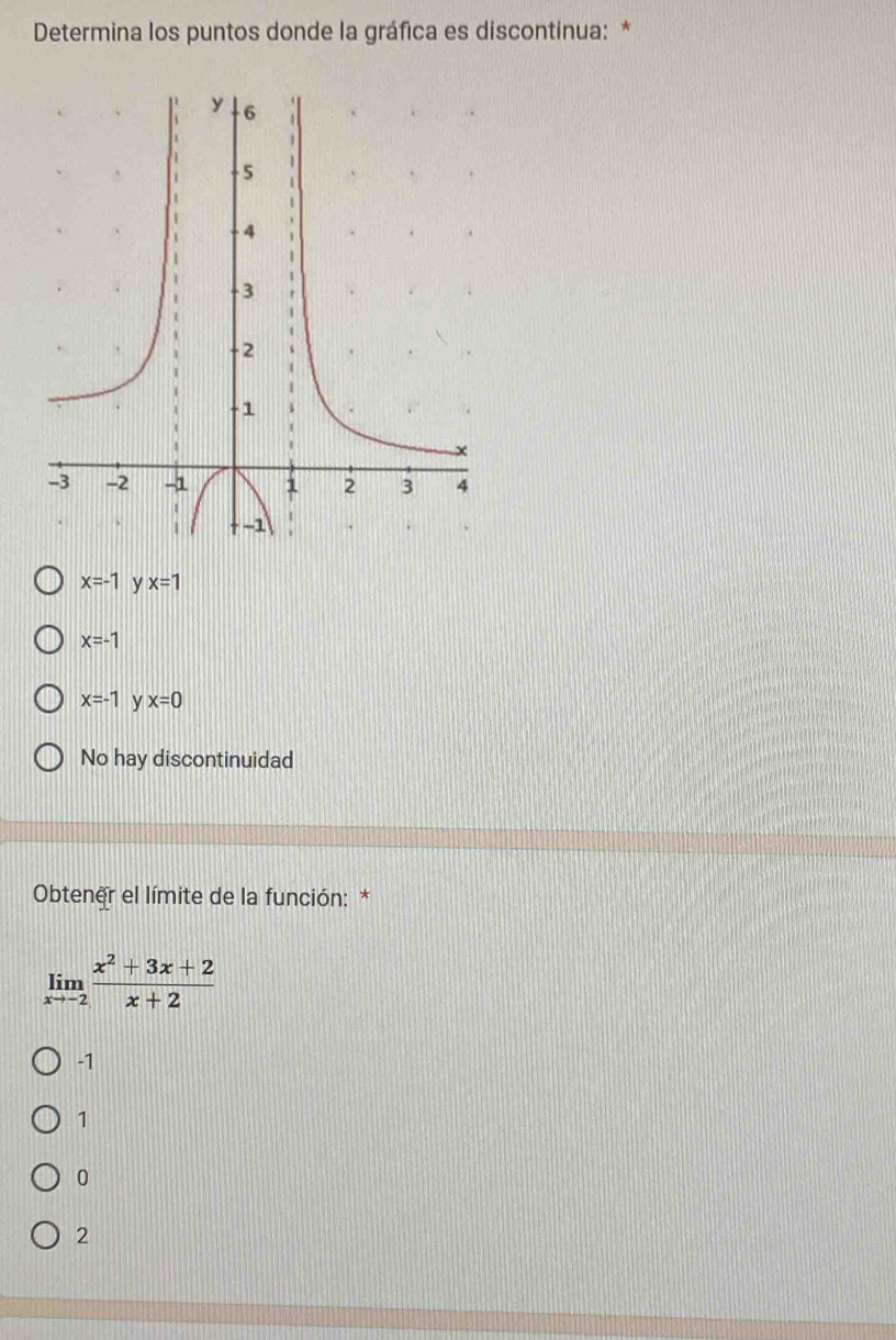 Determina los puntos donde la gráfica es discontinua: *
x=-1 y x=1
x=-1
x=-1 y x=0
No hay discontinuidad
Obtener el límite de la función: *
limlimits _xto -2 (x^2+3x+2)/x+2 
-1
1
0
2