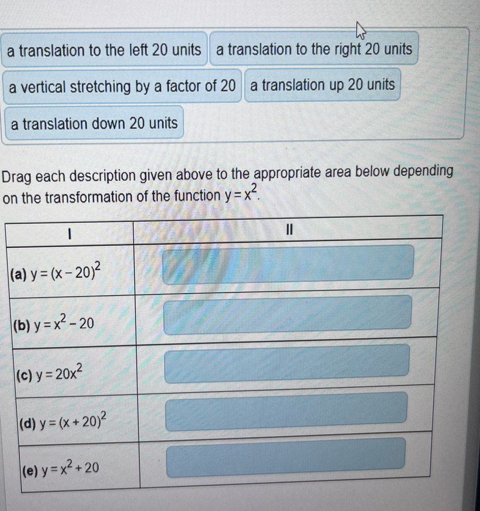 a translation to the left 20 units a translation to the right 20 units
a vertical stretching by a factor of 20 a translation up 20 units
a translation down 20 units
Drag each description given above to the appropriate area below depending
on the transformation of the function y=x^2.
(
(