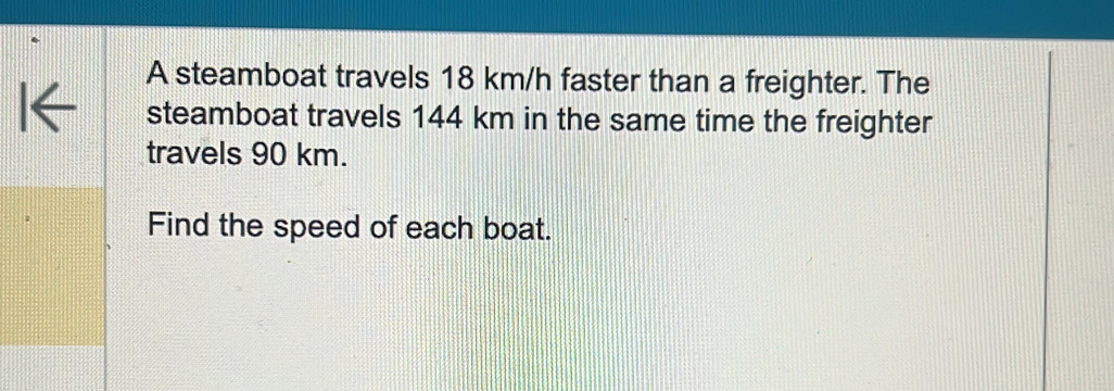 A steamboat travels 18 km/h faster than a freighter. The 
steamboat travels 144 km in the same time the freighter 
travels 90 km. 
Find the speed of each boat.