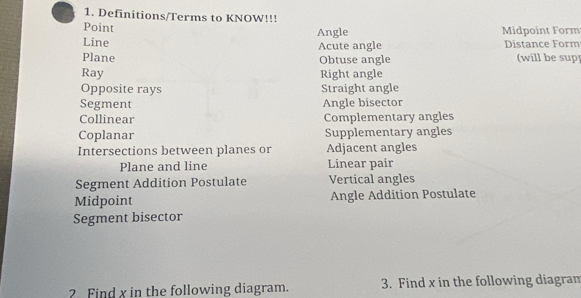 Solved: Definitions/Terms to KNOW!!! Point Angle Midpoint Form Line ...