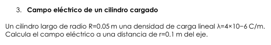 Campo eléctrico de un cilindro cargado 
Un cilindro largo de radio R=0.05m una densidad de carga lineal lambda =4* 10-6C/m
Calcula el campo eléctrico a una distancia de r=0.1r n del eje.