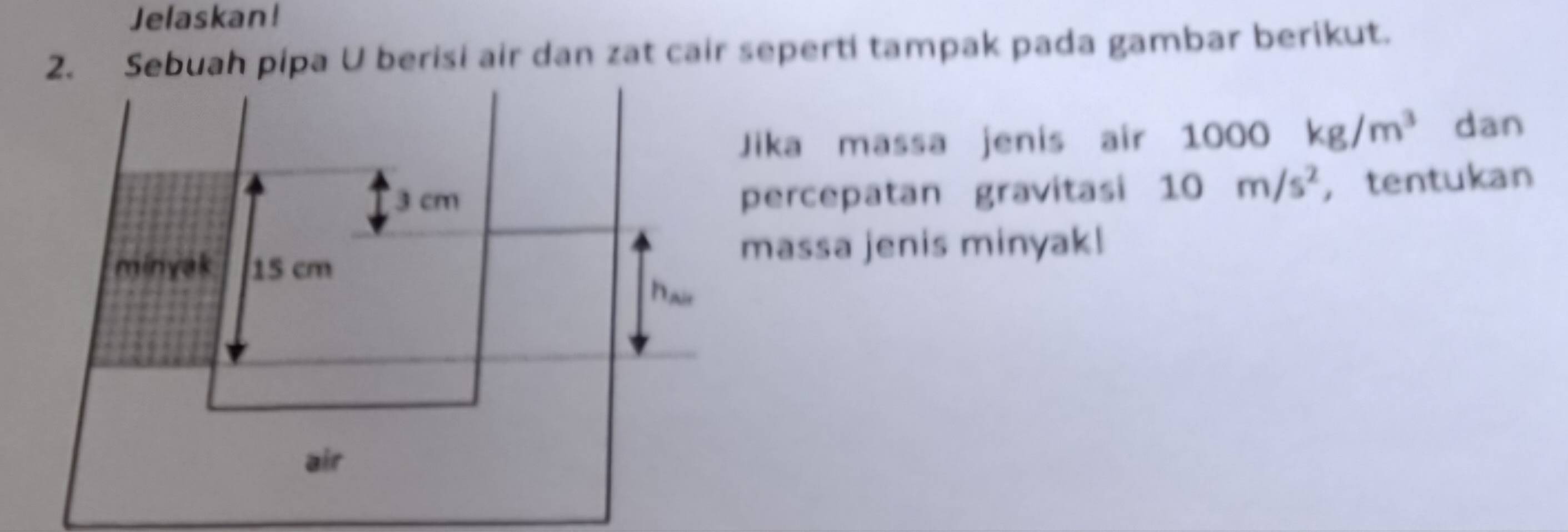 Jelaskan! 
2. Sebuah pipa U berisi air dan zat cair seperti tampak pada gambar berikut. 
Jika massa jenis air 1000kg/m^3 dan 
percepatan gravitasi 10m/s^2 ，tentukan 
massa jenis minyak!