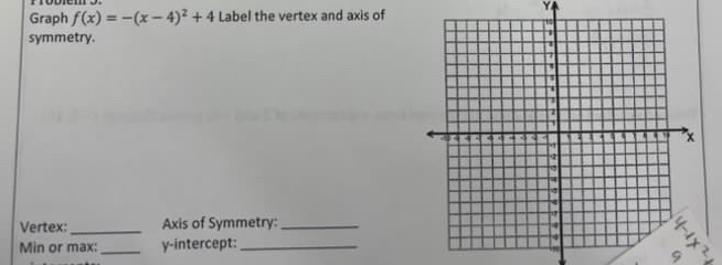 Graph f(x)=-(x-4)^2+4 Label the vertex and axis of 
symmetry. 
Vertex: _Axis of Symmetry:_ 
Min or max: _y-intercept:_ 
9