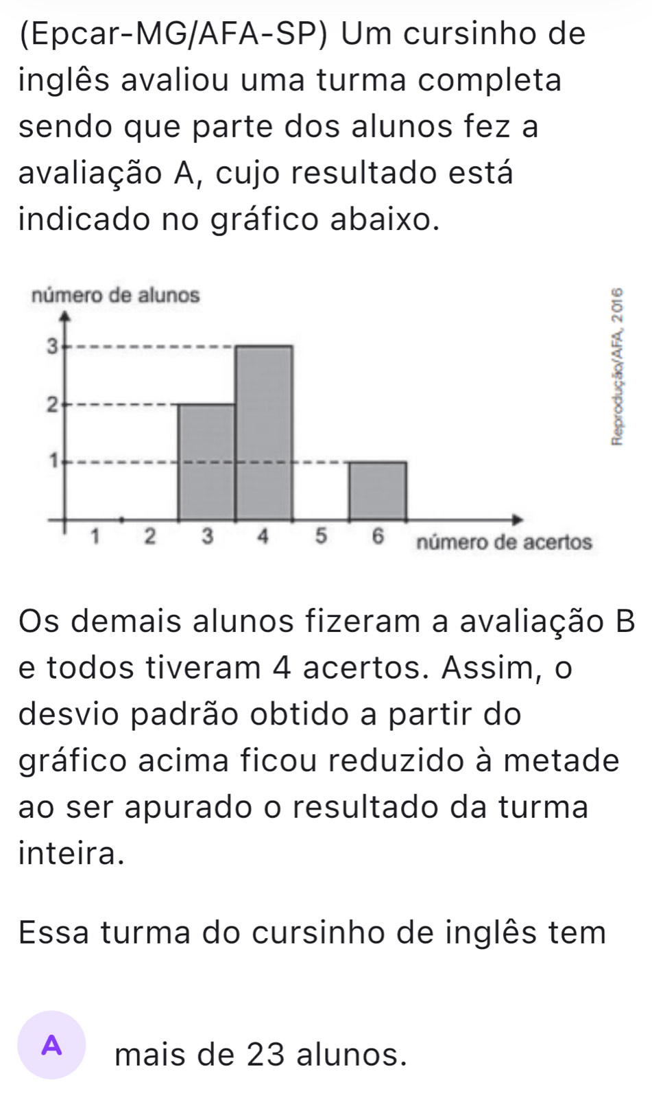 (Epcar-MG/AFA-SP) Um cursinho de 
inglês avaliou uma turma completa 
sendo que parte dos alunos fez a 
avaliação A, cujo resultado está 
indicado no gráfico abaixo. 
Os demais alunos fizeram a avaliação B 
e todos tiveram 4 acertos. Assim, o 
desvio padrão obtido a partir do 
gráfico acima ficou reduzido à metade 
ao ser apurado o resultado da turma 
inteira. 
Essa turma do cursinho de inglês tem 
A mais de 23 alunos.