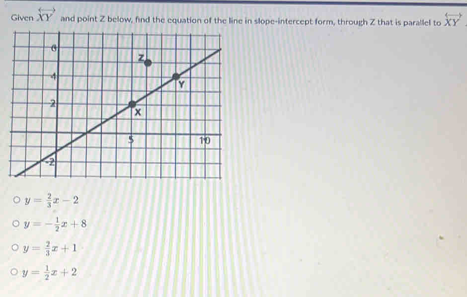 Given overleftrightarrow XY and point Z below, find the equation of the line in slope-intercept form, through Z that is parallel to overleftrightarrow XY
y= 2/3 x-2
y=- 1/2 x+8
y= 2/3 x+1
y= 1/2 x+2