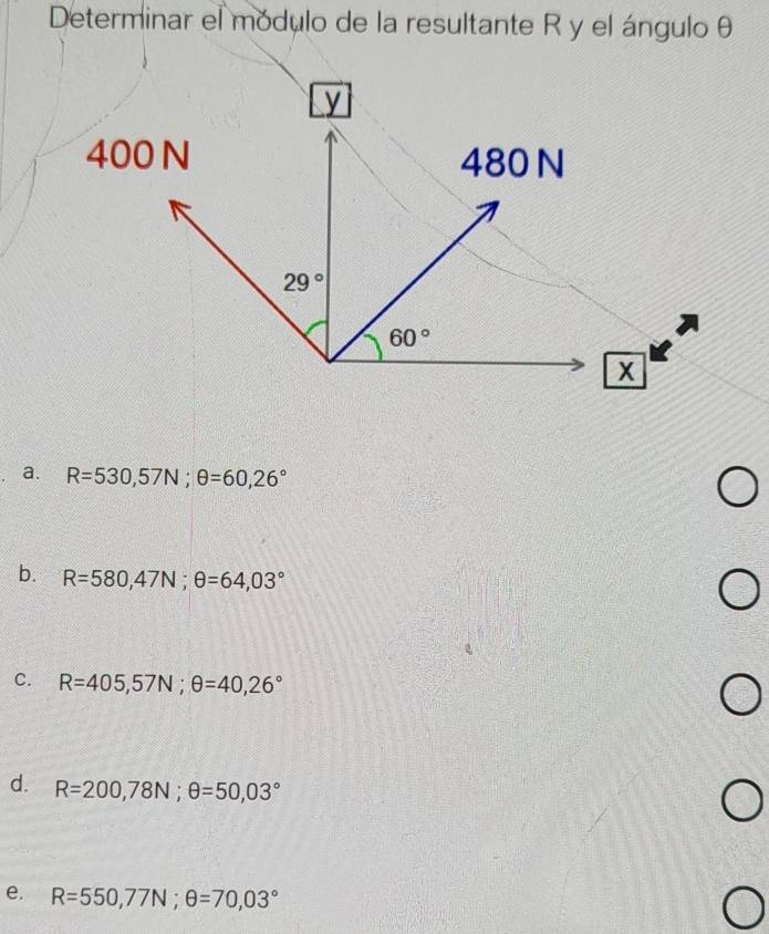 Determinar el módulo de la resultante R y el ángulo θ
a. R=530,57N;θ =60,26°
b. R=580,47N;θ =64,03°
C. R=405,57N;θ =40,26°
d. R=200,78N;θ =50,03°
e. R=550,77N;θ =70,03°