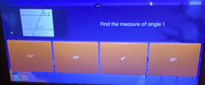 Find the measure of angle 1.
Q
136°
44°
6°
28°