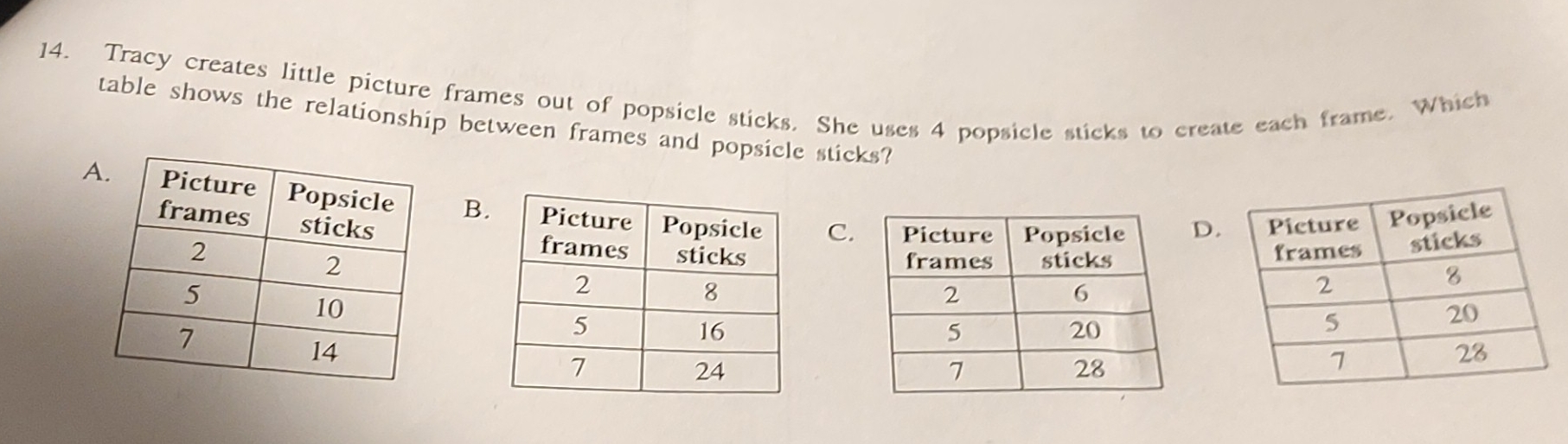 Tracy creates little picture frames out of popsicle sticks. She uses 4 popsicle sticks to create each frame. Which 
table shows the relationship between frames and popsicle sticks? 
AB.C. 
D.