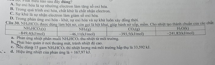 3: Phát biểu nào sau đây đúng?
A. Sự oxi hóa là sự nhường electron làm tăng số oxi hóa.
B. Trong quá trình oxi hóa, chất khử là chất nhận electron.
C. Sự khử là sự nhận electron làm giảm số oxi hóa.
D. Trong phản ứng oxi hóa - khử, sự oxi hóa và sự khử luôn xảy đồng thời.
Câu 30, NH₄HCO, được dùng làm bột nở, ột nớ xốp, mềm. Cho nhiệt tạo thành chuẩn của các chất:
g nhiệt phân muối NH₄HCO₃ thu nhiệt từ môi trường.
b. Phải bảo quản ở nơi thoáng mát, tránh nhiệt độ cao.
c. Nếu dùng 15 gam NH_4HCO_3 thì nhiệt lượng mà môi trường hấp thụ là 33,592 kJ.
d. Hiệu ứng nhiệt của phản ứng la+167,97kJ.